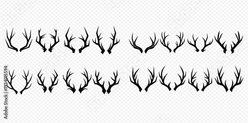Set of various deer antlers, black silhouettes isolated on a transparent background, vector illustration.