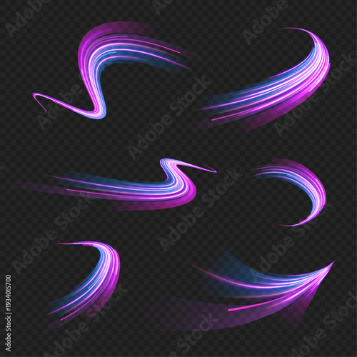 Electric blue road lights stretch into the night horizon. Long exposure effect highlights speed and urban energy. Futuristic motion background isolated on transparent layer.