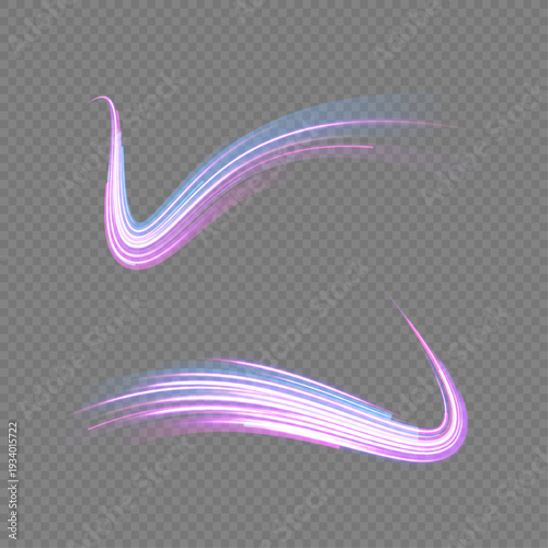 Neon purple light rays flow in dynamic perspective lines. Bright motion streaks simulate rapid movement on a digital highway. Modern abstract background in high resolution PNG format.