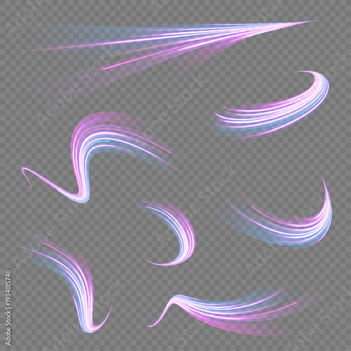 Futuristic blue and magenta speed lines streak across a dark background. Glowing motion trails create a sense of acceleration and power. Abstract technological illustration isolated on transparent PNG