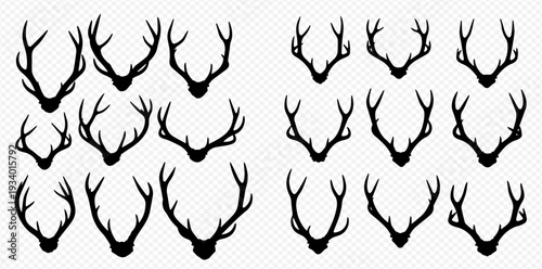 Set of black deer antlers, various shapes and sizes, isolated on a transparent background, vector illustration for design elements.