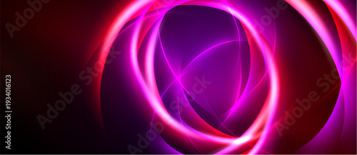 Abstract design features vibrant concentric circles. Colors blend from deep purple to bright pink, creating dynamic visual effect. Dark background enhances luminosity.