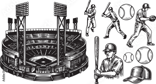 Baseball stadium with players and equipment in black and white