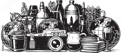 Vintage Still Life with Camera and Travel Memorabilia Items
