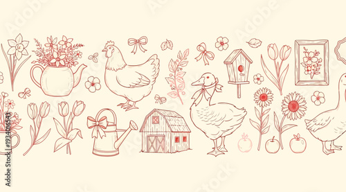 A charming red line drawing of chickens and garden tools on a cream background with flowers and a birdhouse