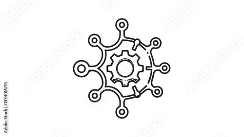 Abstract interconnected gear network icon representing technology and innovation design.