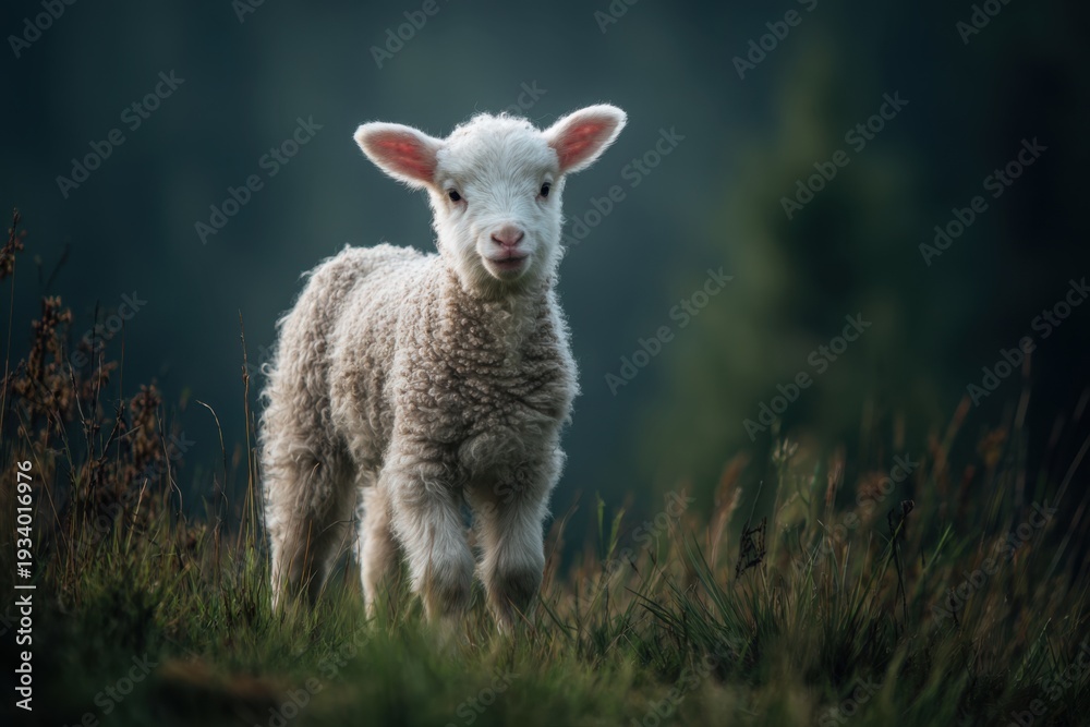 Obraz premium Little lamb standing in green grass field