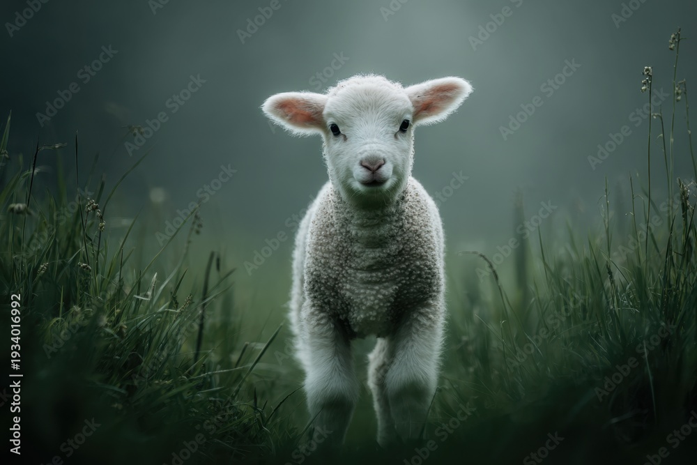 Fototapeta premium White lamb standing in green grass field