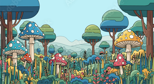 A vibrant forest landscape featuring fantastical mushrooms, trees, and flowers in a colorful, whimsical environment from a bird's eye view