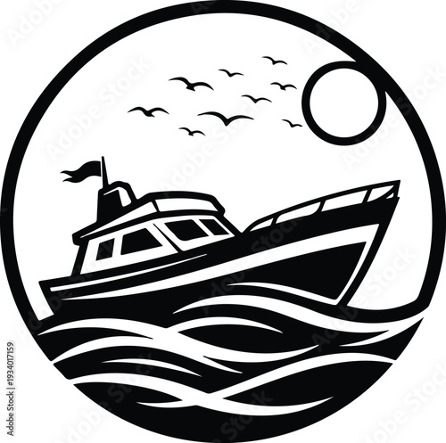 Motorboat on ocean waves with birds flying and sun, black and white vector graphic in circular frame.