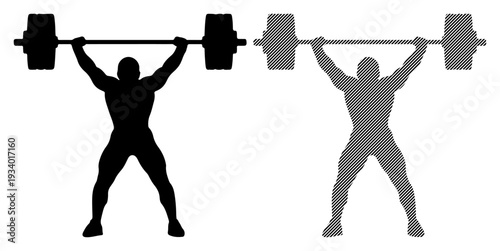 Silhouette of a muscular athlete lifting a heavy barbell overhead with determination.