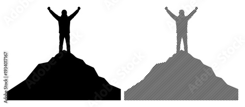 Silhouette of a person with arms raised in triumph on a mountain peak, symbolizing achievement and success.