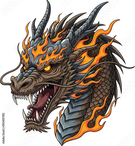 Fierce dragon head profile with burning orange flames and sharp fangs in traditional asian mythological style.