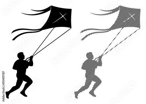Joyful silhouette of a person running with a kite on a windy day