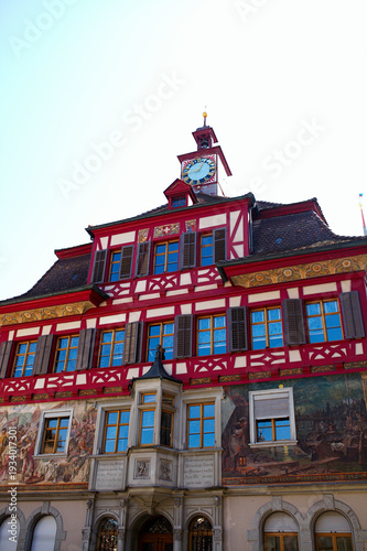 Stein am Rhein, Switzerland – September 11, 2023: Famous painted facades in the historic center