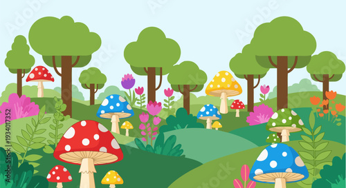 Vibrant illustration of colorful mushrooms thriving in a lush forest landscape with trees and flowers