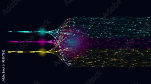 Dynamic Convergence and Divergence of Digital Information Streams: Abstract Data Flow Visualization on Dark Background