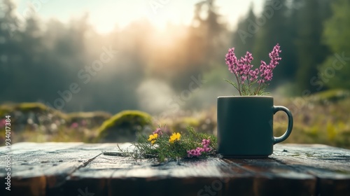 A coffee cup adorned with blooming flowers communicates a peaceful, serene connection between nature and daily life, showcasing exquisite details in a natural setting.