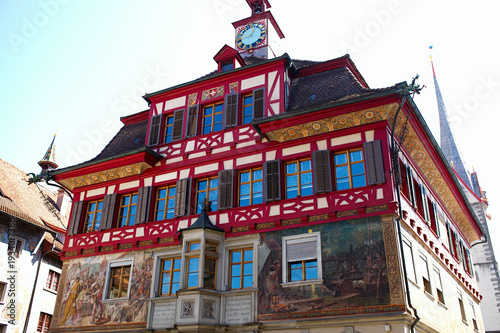 Stein am Rhein, Switzerland – September 11, 2023: Famous painted facades in the historic center
