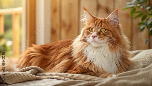Majestic fluffy red Maine Coon cat relaxing on cozy beige blanket in warm home interior with natural light