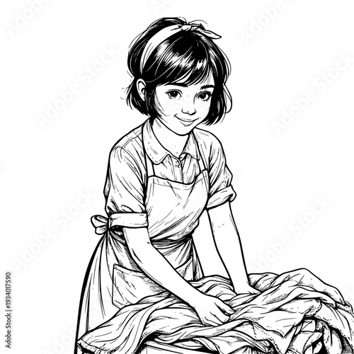 Girl in an apron with trash can holds bed linen for washing, black and white sketch. Vector illustration. A laundress washes hotel towels. Concept for tidiness, and home and office cleaning services.