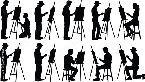 Artist painting silhouette set, painters with easel and canvas black vector illustration isolated on white background