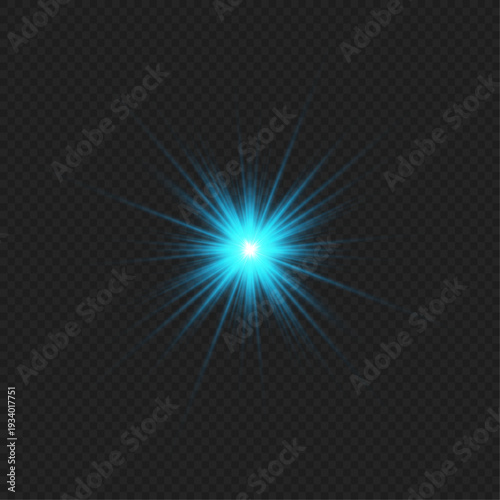 Vivid blue light burst with shiny halo. Transparent background isolated element. Abstract glowing flare detail for modern graphic compositions.