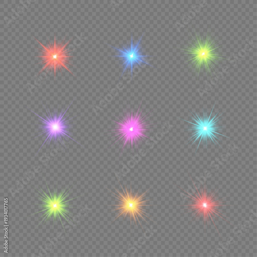 Bright neon starburst with radiant glow. Isolated on transparent background. Colorful lens flare sparkle effect for creative design projects.