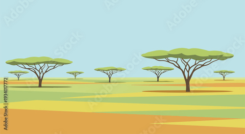 Serene savannah landscape with trees, grass, and vibrant colors, viewed from a distance under a clear sky
