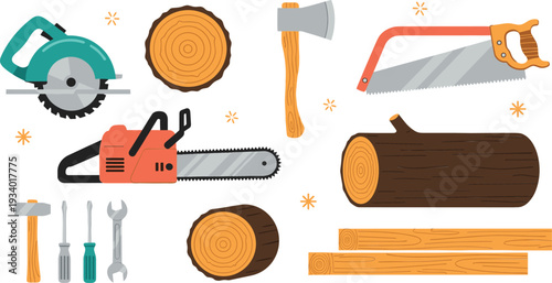 Cartoon Woodworking Tools and Timber Elements Collection with Chainsaw Hand Saw Axe Logs and Planks Vector Illustration