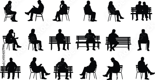 Collection of People Sitting Silhouettes on Chairs and Benches Isolated on White Background, Various Seated Poses and Waiting Postures Black Vector Set