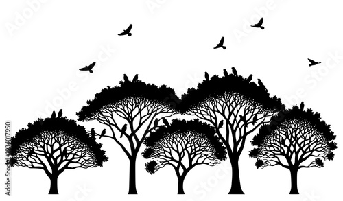 Decorative Woodland Tree Silhouette Landscape with Birds Abstract Botanical Vector