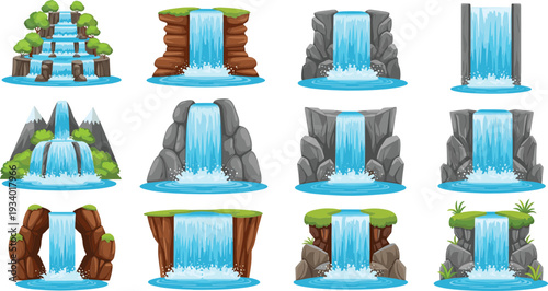 Cartoon Waterfall Collection Vector Illustration Set with Rocky Cliffs Mountain Cascades and Nature Elements