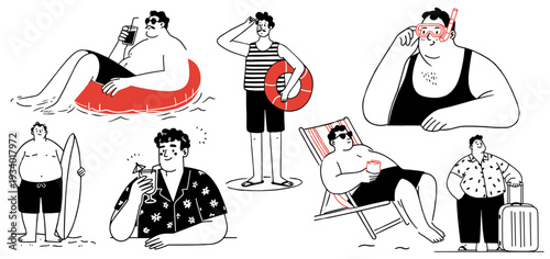 Collection of hand drawn male character doodles for summer vacation and travel lifestyle concepts