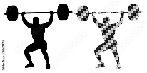 Silhouette of a weightlifter lifting a barbell overhead in a powerful stance.