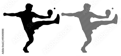 Dynamic silhouette of a person kicking a ball mid-air with energy and focus