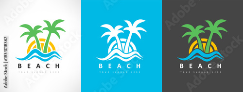 Travel logo. Sea, sun, and palm tree. Beach logo vector.	 Oasis.