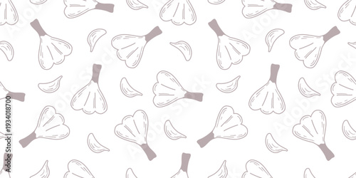 Garlic heads and cloves seamless pattern in doodle sketch style. Hand drawn silhouette of hot spice on white background. Healthy organic food print, for product packaging, paper, grocery store, vector