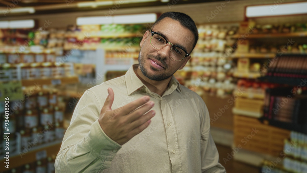 Obraz premium Man beckons with palm forward in a colorful supermarket building aisle filled with shelves; friendly invitation.