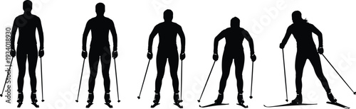 Cross Country Skier Silhouette Collection with Multiple Poses Isolated on White Background, Winter Sports Athlete Set for Nordic Skiing and Outdoor Adventure Design