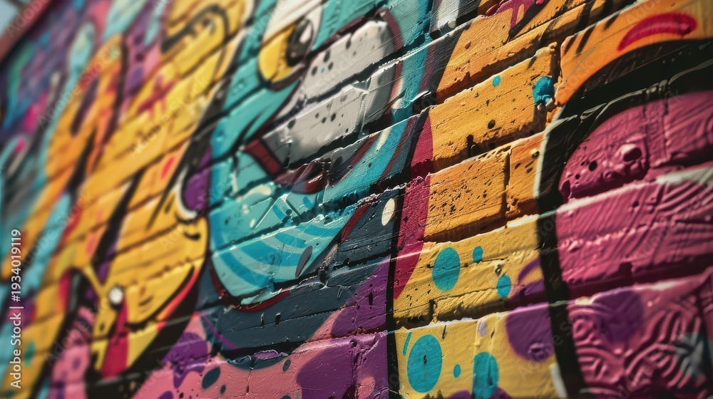 Obraz premium Vibrant street art graffiti on weathered brick wall with colorful patterns