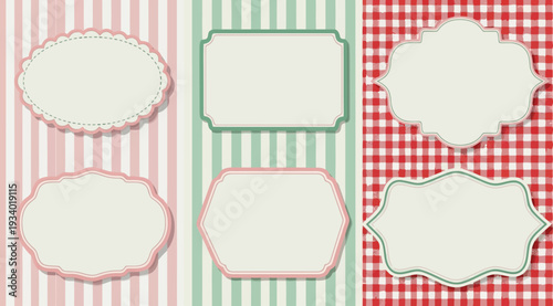 Collection of blank labels on colorful striped and checked backgrounds for design