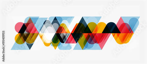 Abstract geometric shapes overlap, creating colorful patterns. Composition features triangles, circles, squares, translucent layers. Modern design.