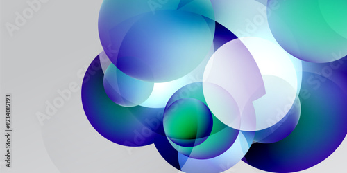 Abstract composition featuring overlapping translucent circles. Colors range from blues, greens, purples, whites against dark background. Fluidity dominates.