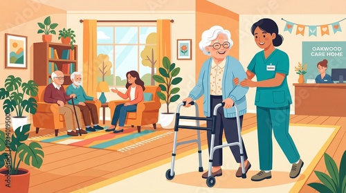 Elderly Woman with Walker Assisted by Caregiver in Nursing Home Illustration