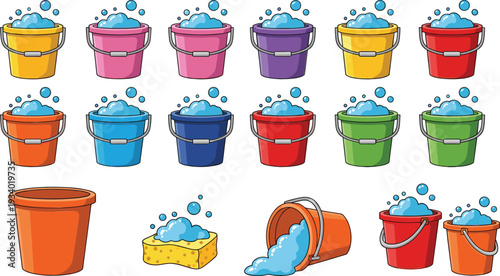 Colorful Cartoon Cleaning Buckets with Soap Water Sponge and Foam Household Supplies Vector Illustration Set