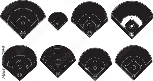 Set of black and white baseball field diagrams isolated