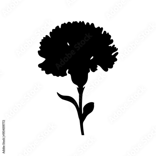 Black and white carnation flower with stem and leaves in simple silhouette
