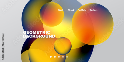 Abstract colorful shapes overlap. Text labels present work, about, portfolio, contact. Gradient hues create dynamic visual effect.