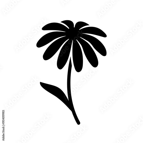Black and white silhouette of a single chamomile flower on a stem
